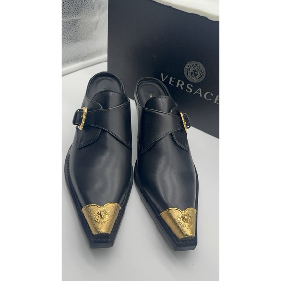 Versace Black Gold Leather Mules Heels Medusa Bucklel Women's 40 EU New - Picture 11 of 16